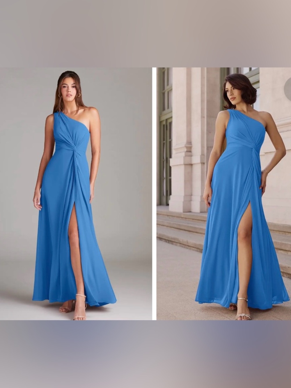 Azazie One-ShoulderGown with Front Slit Chiffon Material in Blue Jay color